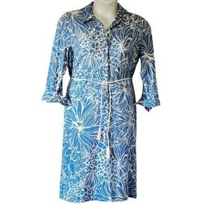 Talbots Sky Blue Floral Shift Dress Button Down Front Point Collar and Belt   L
